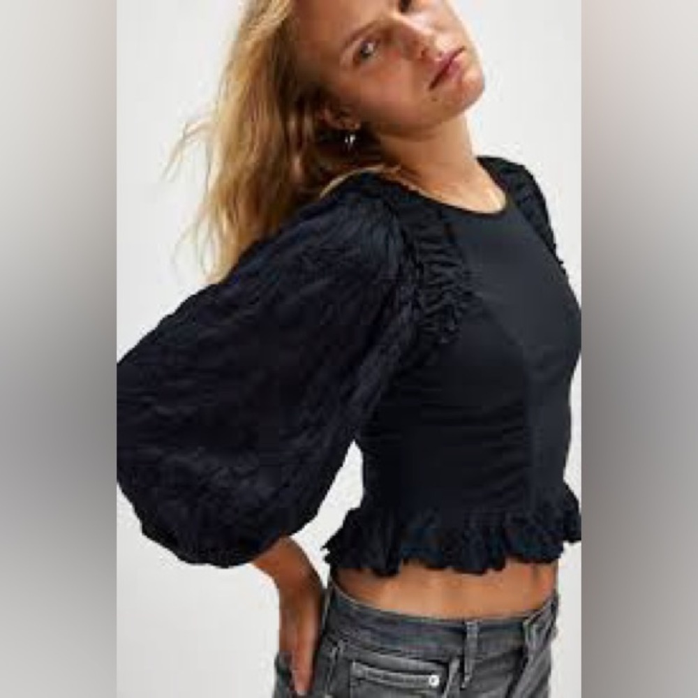 Free People Olivia Black Ruffle Balloon Sleeve Top Size M NWT Peplum Boho